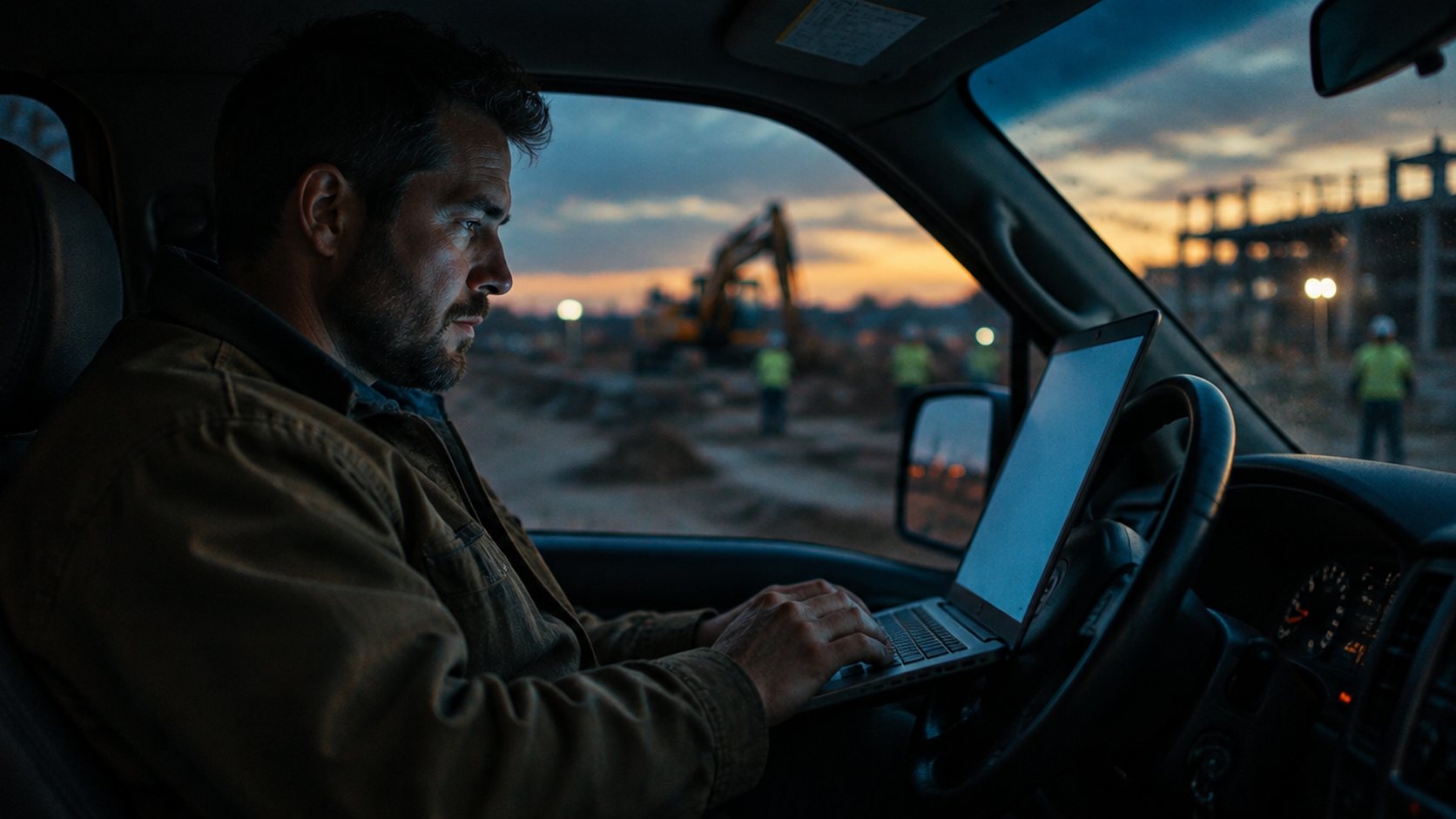 A business owner in a pickup truck cab at dusk looking at a laptop on the steering wheel.