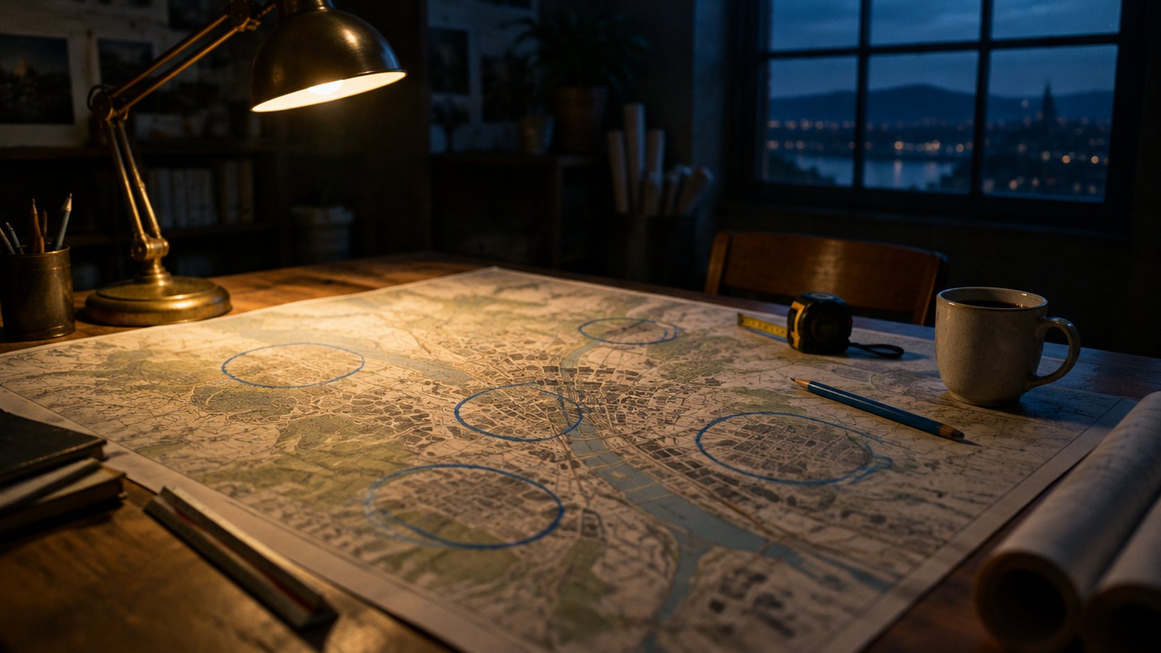 A drafting table at night with a printed town map, neighborhoods circled in blue pencil.