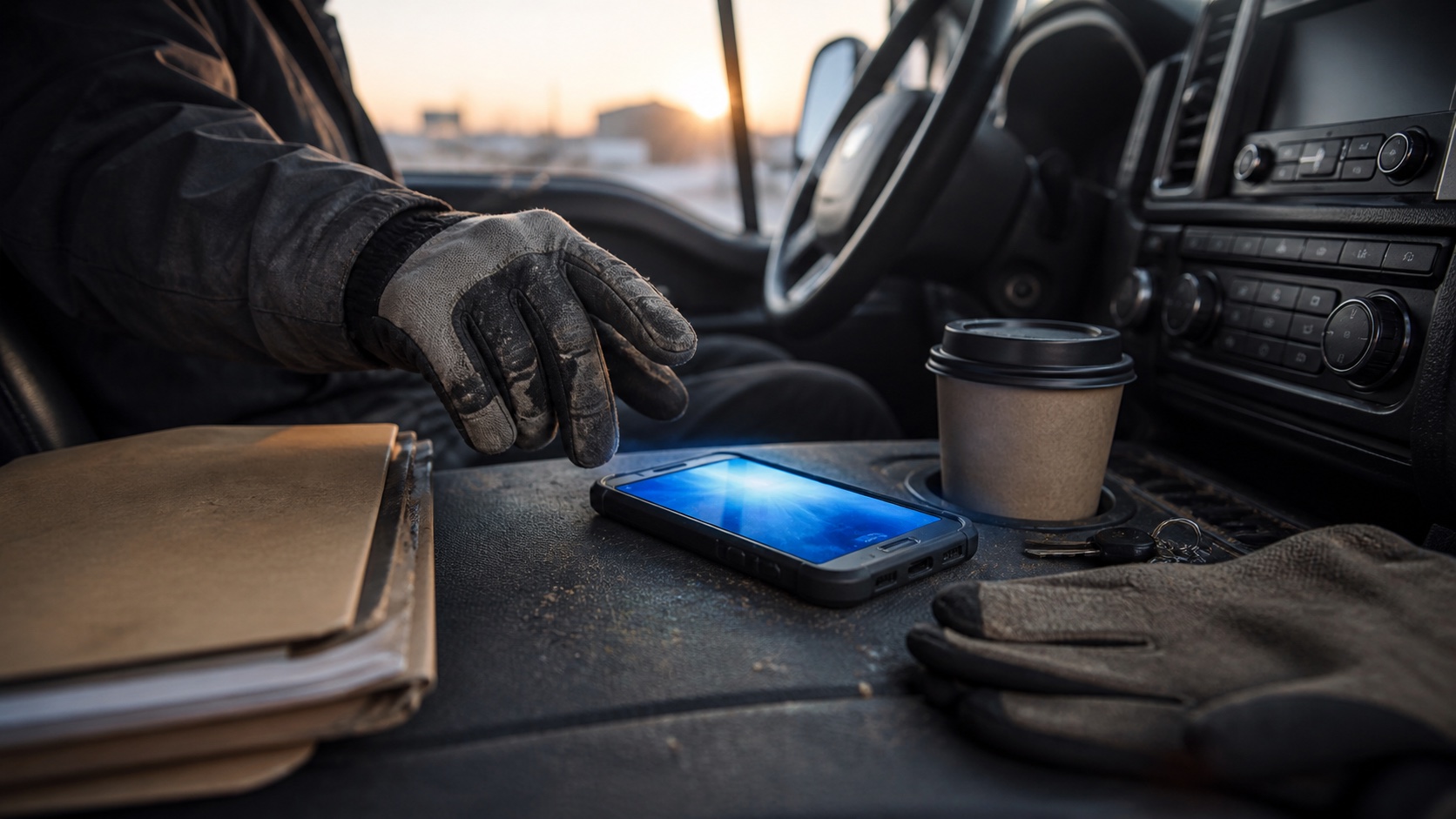 A contractor reaching for a phone inside a work truck as a new lead comes in.