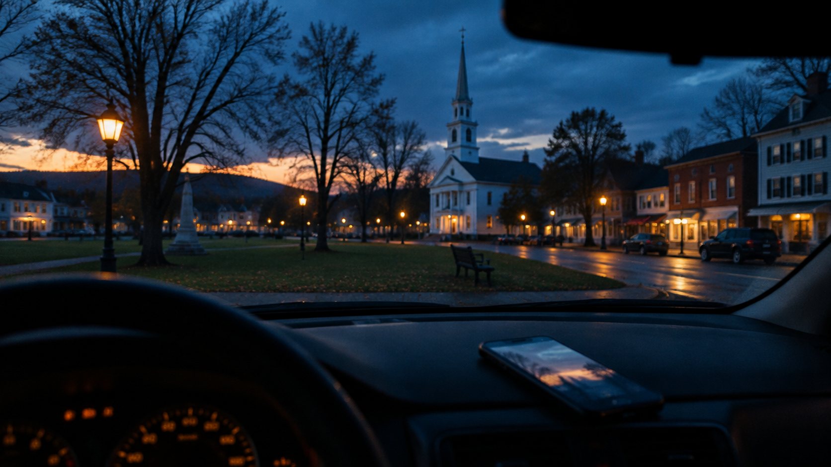 A New England town green at blue hour seen from inside a parked car, a phone glowing on the dashboard.