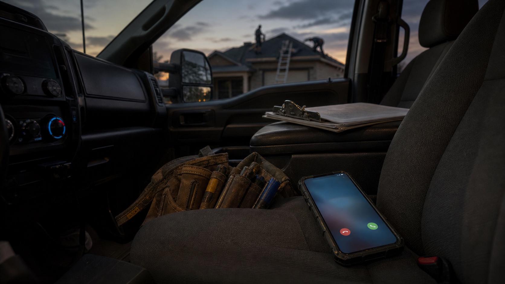 A contractor work truck at dusk with a phone ringing inside while roof work continues outside.