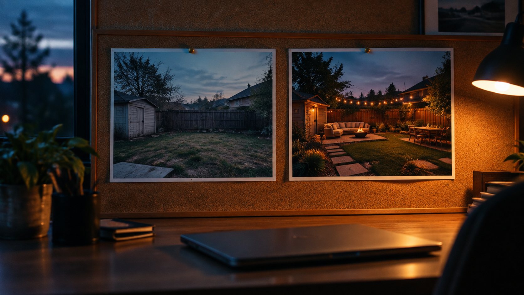 Before and after yard photographs pinned side by side on a corkboard in a small office at dusk.