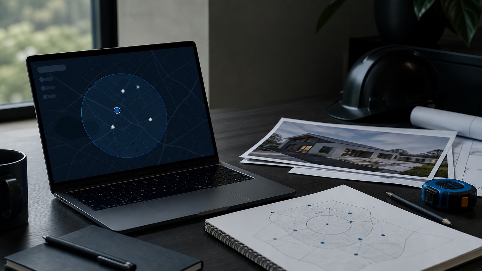 A premium contractor planning desk with a laptop showing local search coverage and service-area notes.