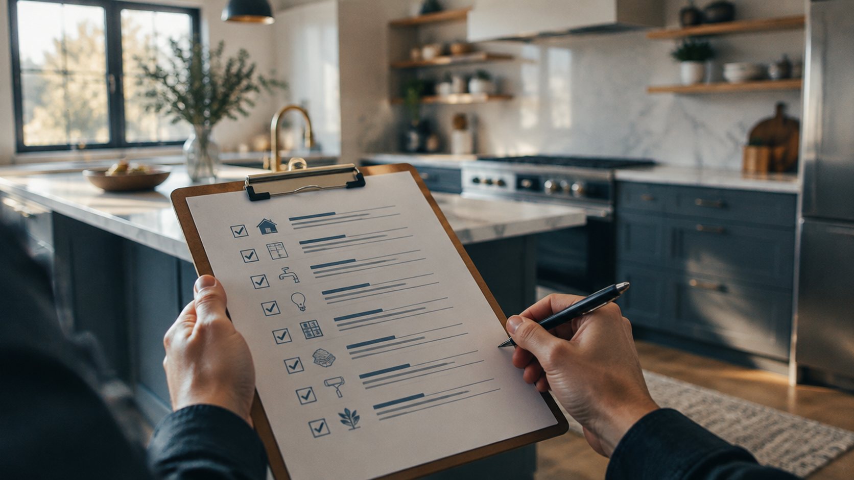 Hands holding a clipboard checklist in front of a freshly renovated kitchen.