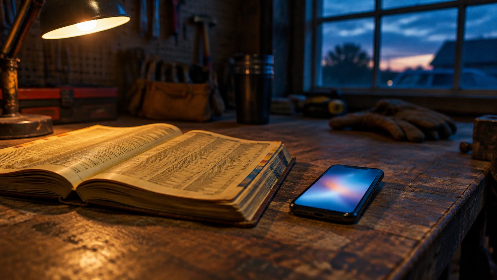 An old phone book and a modern smartphone side by side on a workbench at dusk.
