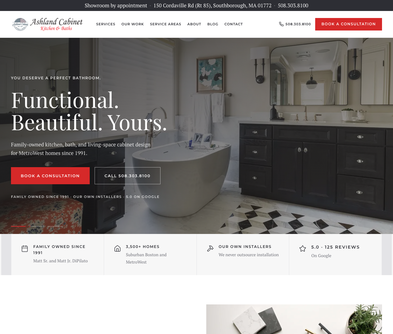 Ashland Cabinet Kitchen & Baths website homepage with a finished bathroom vanity, a Functional. Beautiful. Yours. headline, consultation button and family-owned-since-1991 trust bar