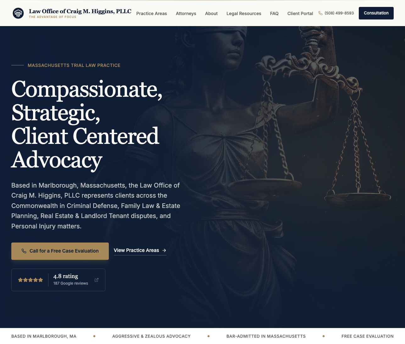 Law Office of Craig M. Higgins website homepage for compassionate, strategic legal representation in Marlborough, MA