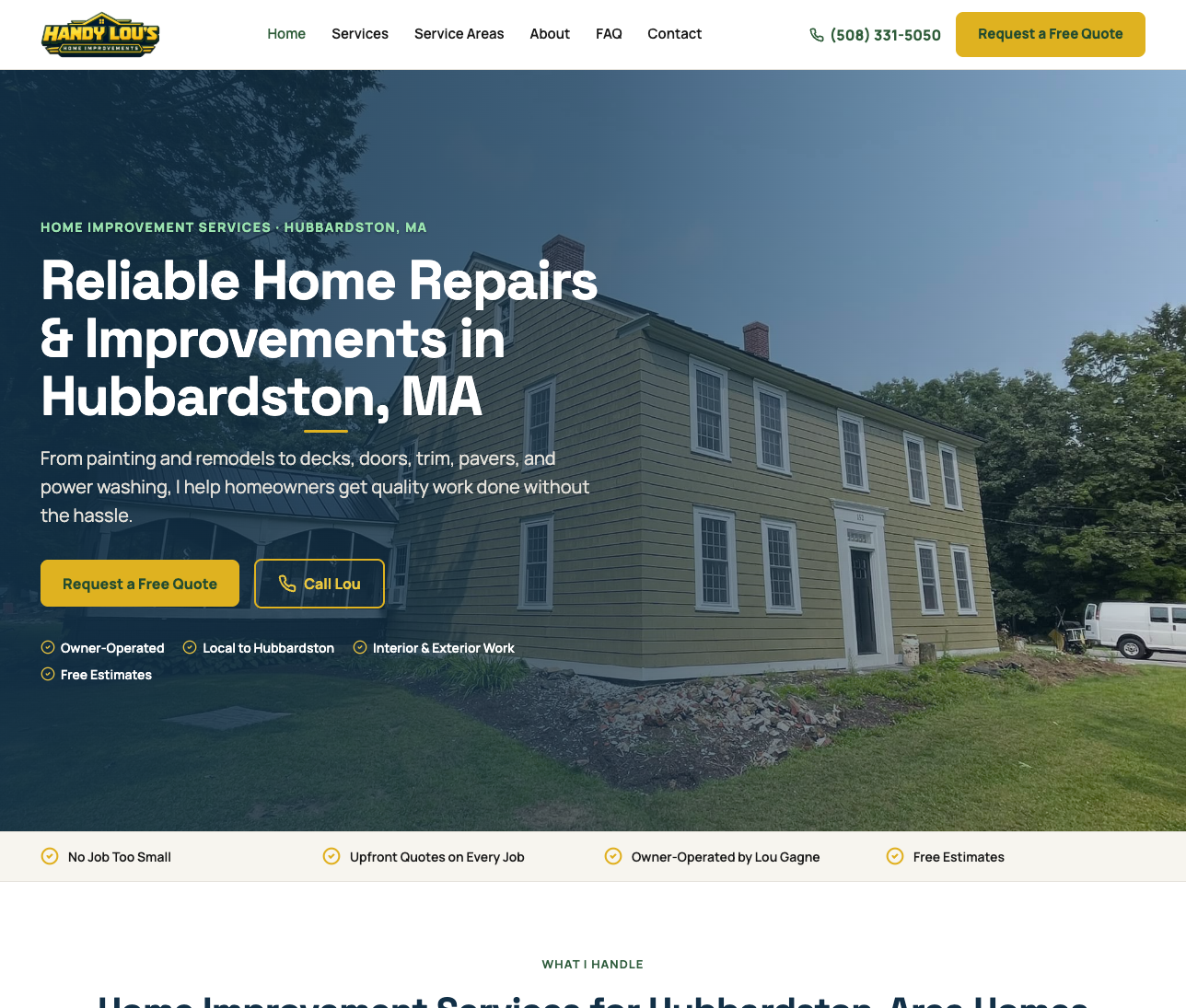 Handy Lou’s Home Improvements website homepage with home repair hero photo, free quote call to action and owner-operated trust badges