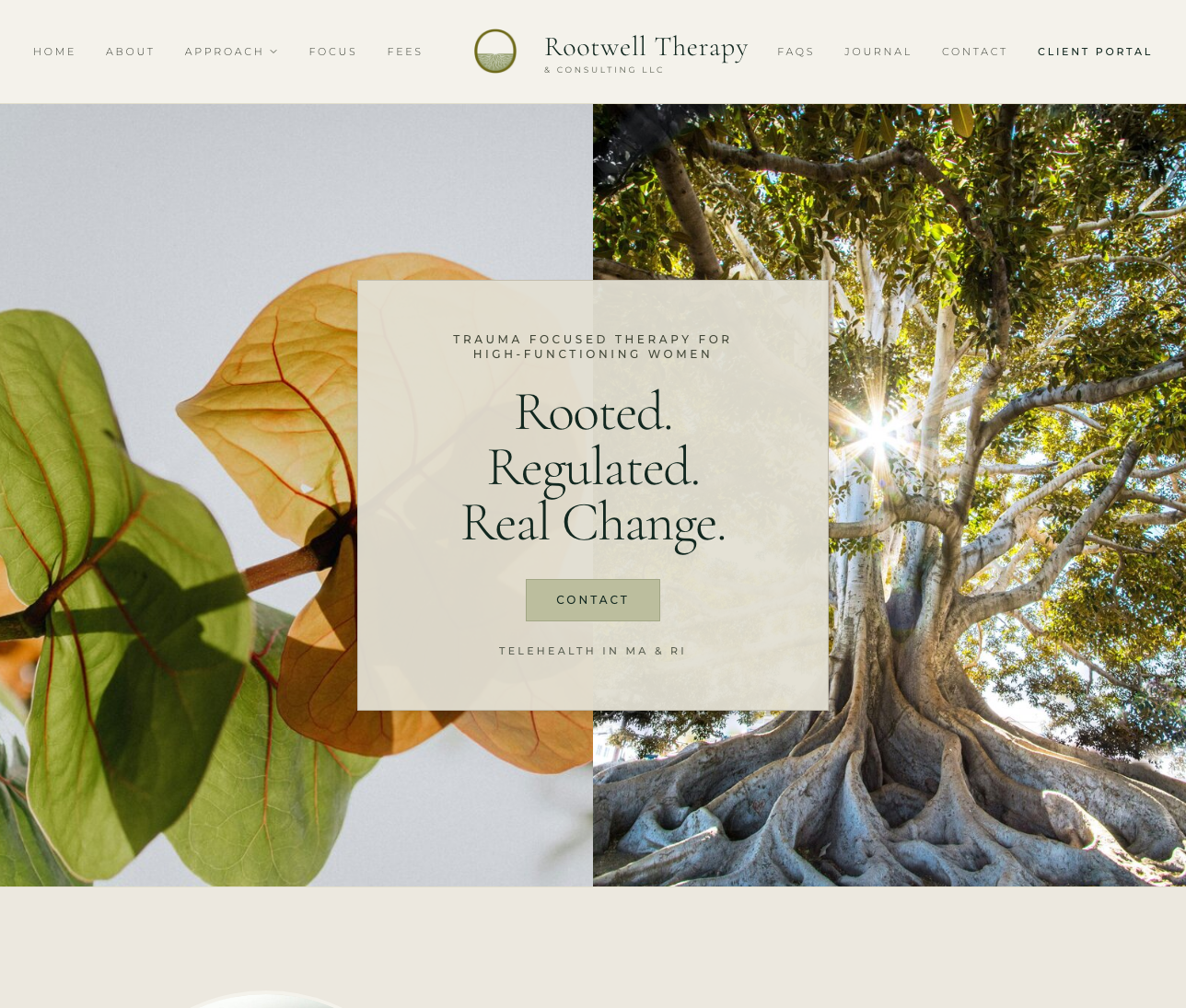 Rootwell Therapy website homepage with serene botanical photography, centered hero card and contact call to action