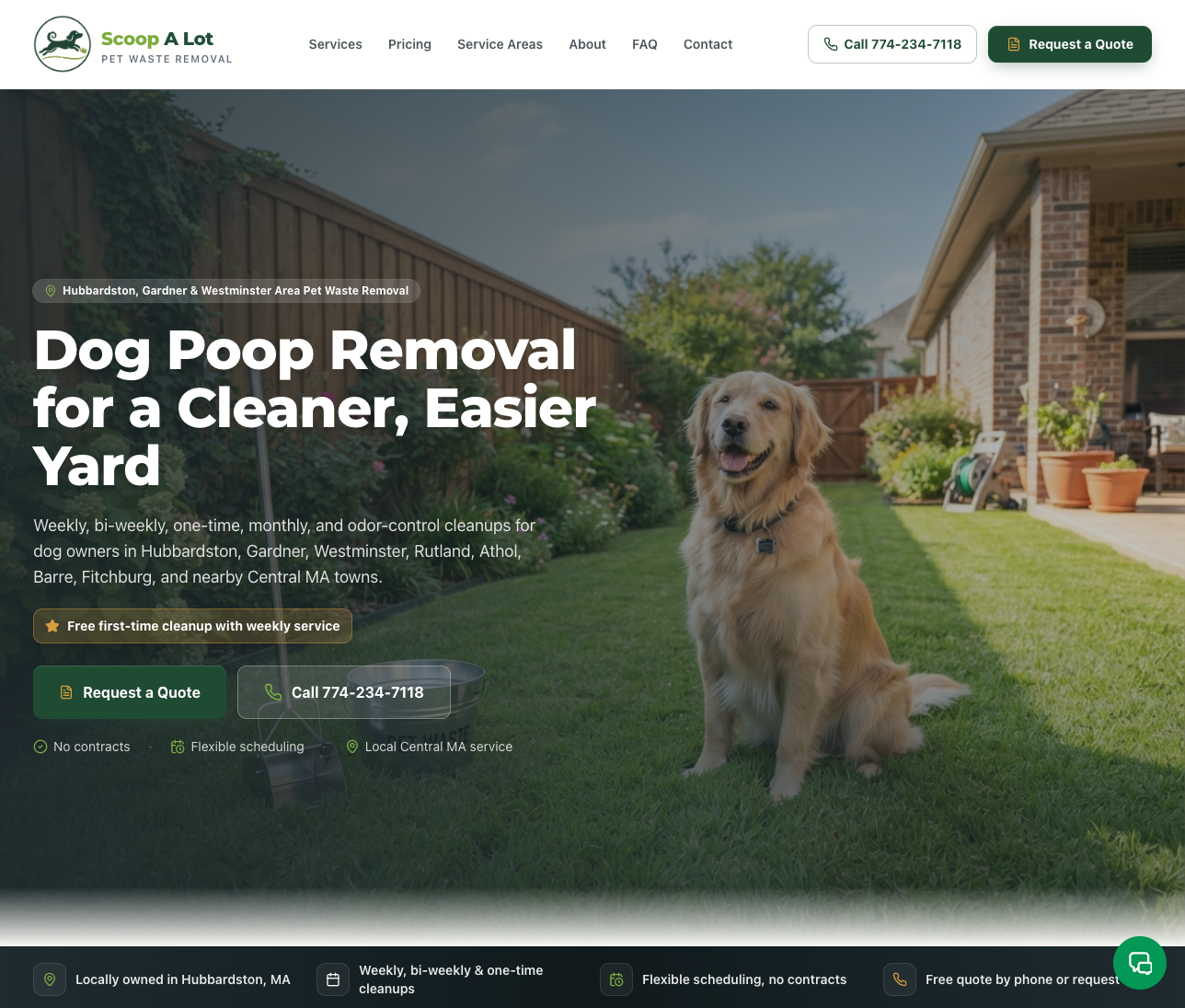 Scoop A Lot pet waste removal website homepage with a golden retriever in a clean back yard, dog poop removal headline, quote and call buttons, and a local service trust bar