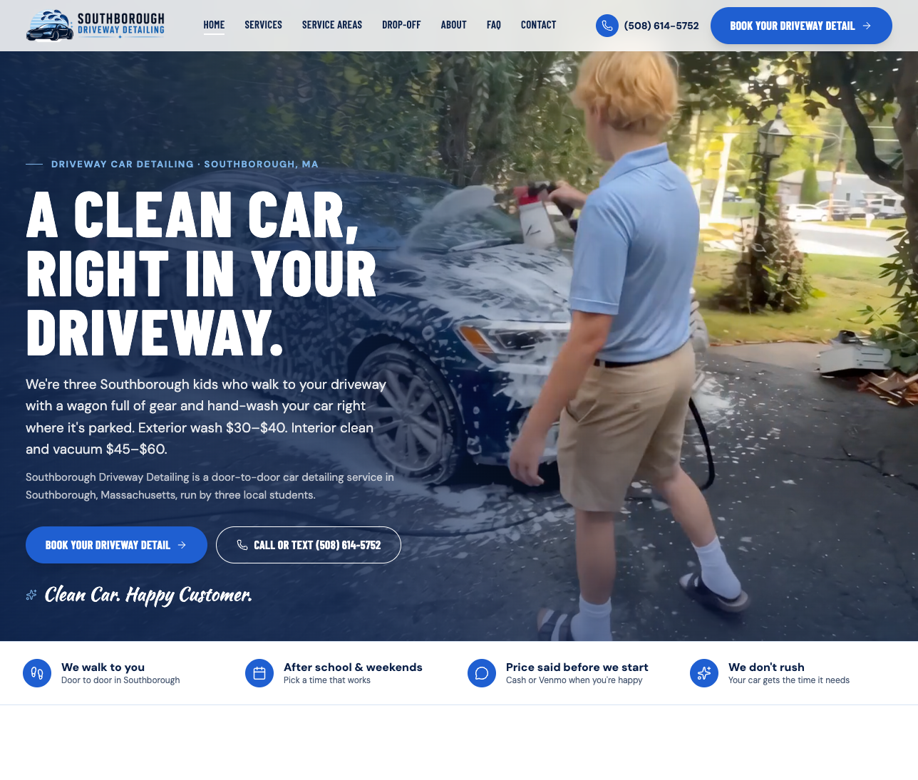SoBo Detailing website homepage for driveway car detailing in Southborough, MA, with service packages and a booking call to action