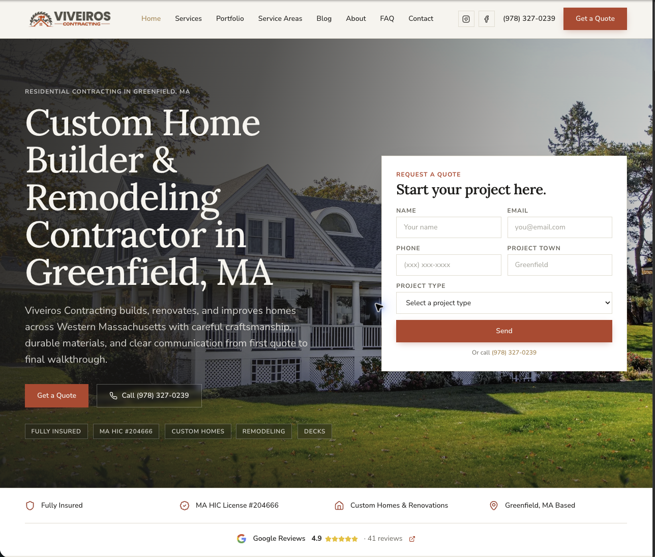 Viveiros Contracting website homepage with logo, navigation, custom home builder hero, quote form, trust badges, and Google review proof