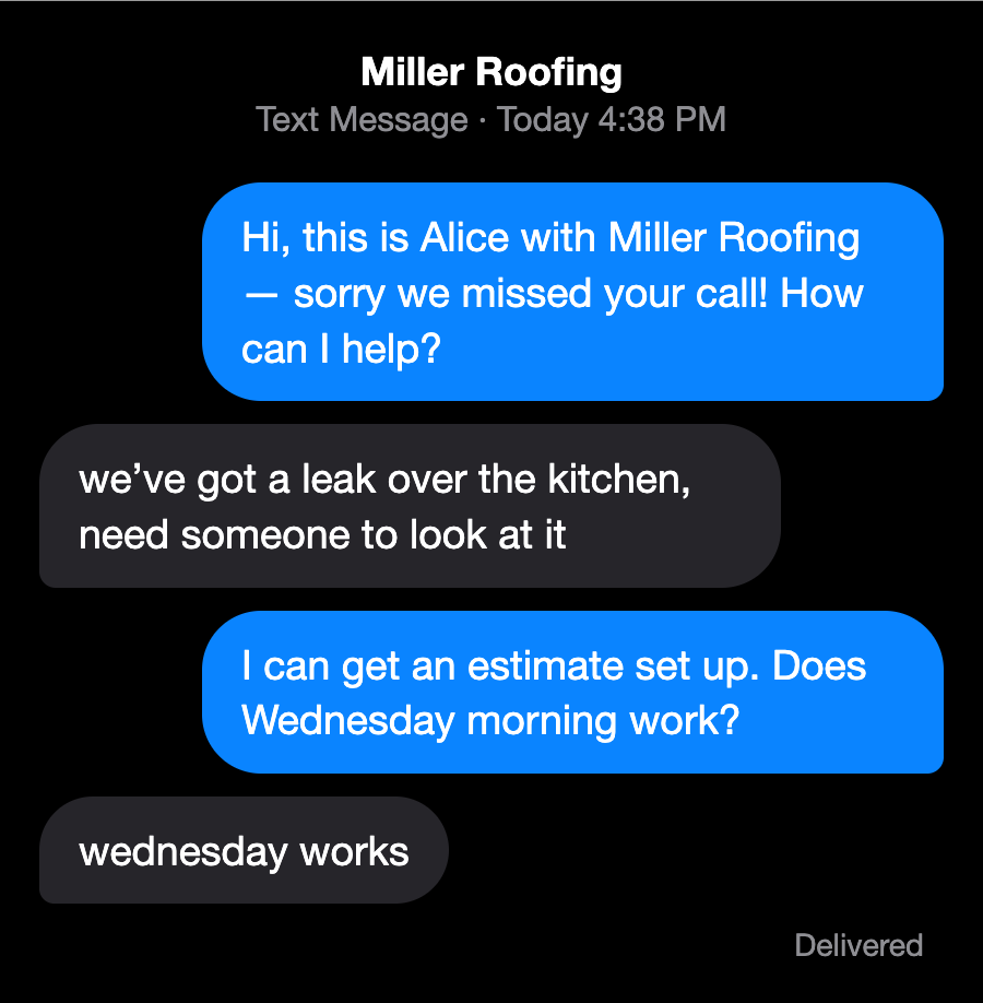 Text thread: Alice recovers a missed call and books a Wednesday estimate